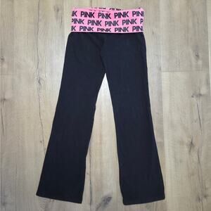 Vtg '10 PINK Black Yoga Athletic Pants Y2K Flared Foldover Allover Spellout M